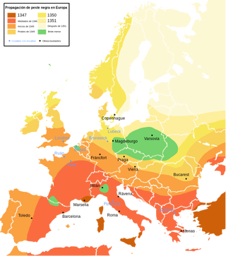 Difusión de la peste negra durante el siglo XIV en Europa. Wikimedia Commons